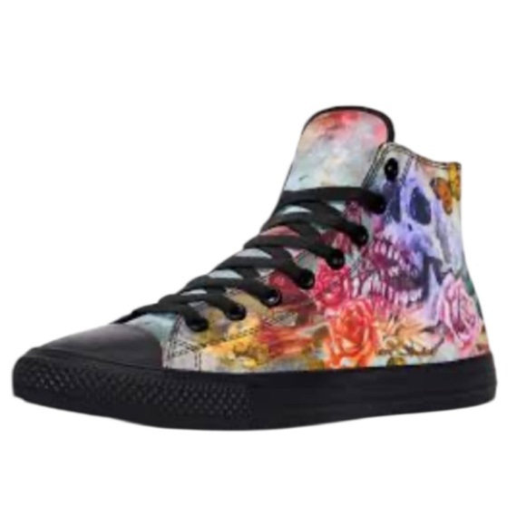 RAAD SKULL BUTTERFLY Emerald Blossoms High Top Sneakers WATERCOLOR GOTH W9 M7.5 - Picture 1 of 13